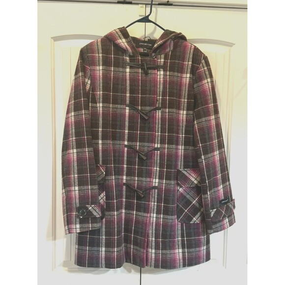 Jones New York  Hooded Pea Coat Zip Up Button Up Plaid Wool Coat Women's Size 14 - Picture 1 of 8